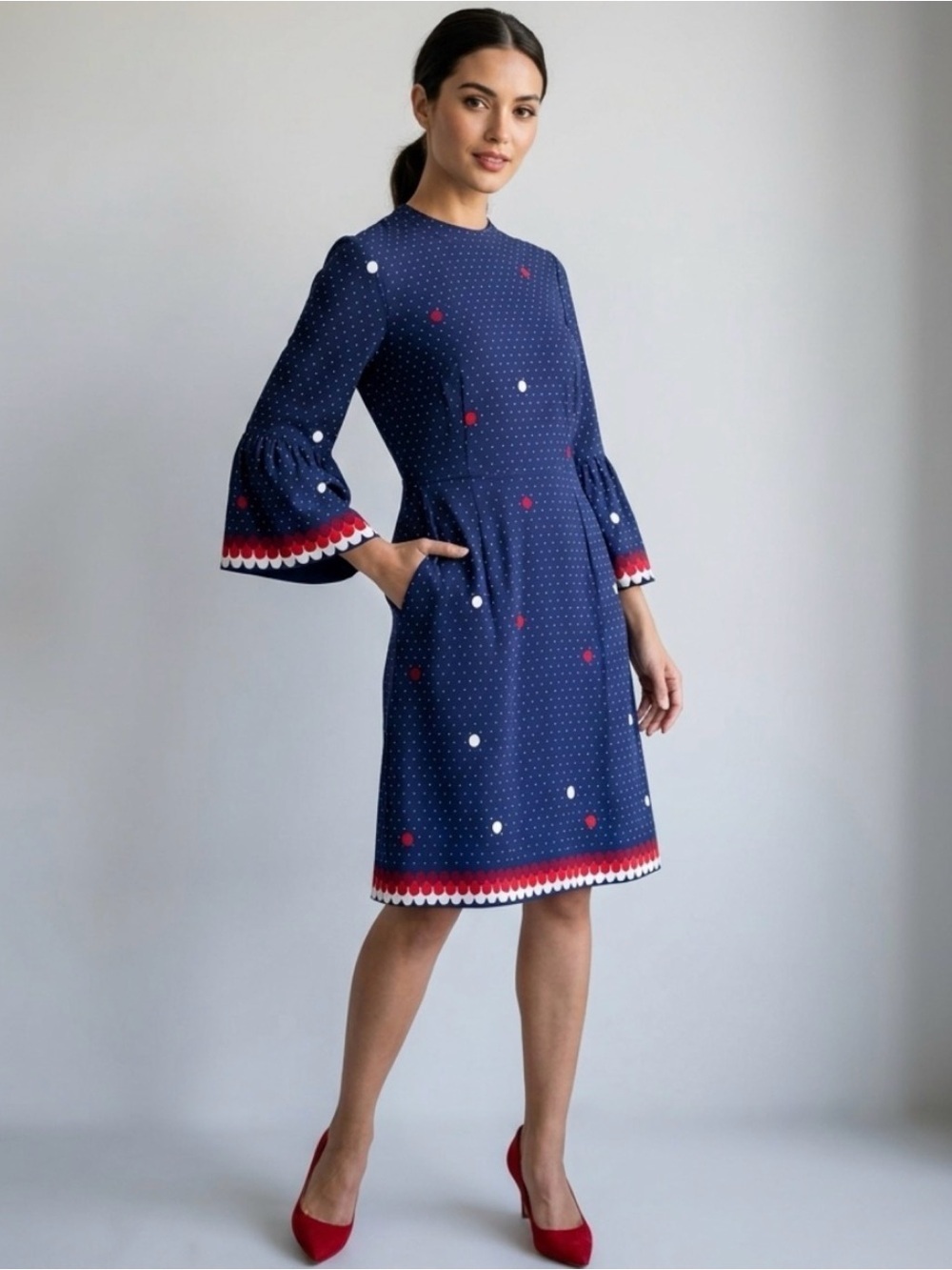 Boden Navy Polka Dot Bell Sleeve Viscose Dress Size 6R